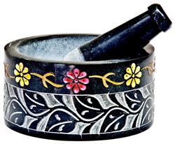 Black Soapstone Floral Mortar & Pestle 5"D, 2.5"H