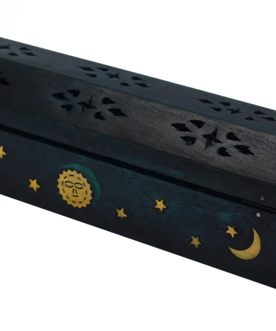 Sun, Moon, and Stars Brass Inlay Design Black - Wooden Coffin Incense Burner for Incense Sticks and Cones