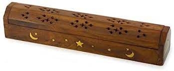 Sun, Moon, and Stars Brass Inlay Design  - Wooden Coffin Incense Burner for Incense Sticks and Cones
